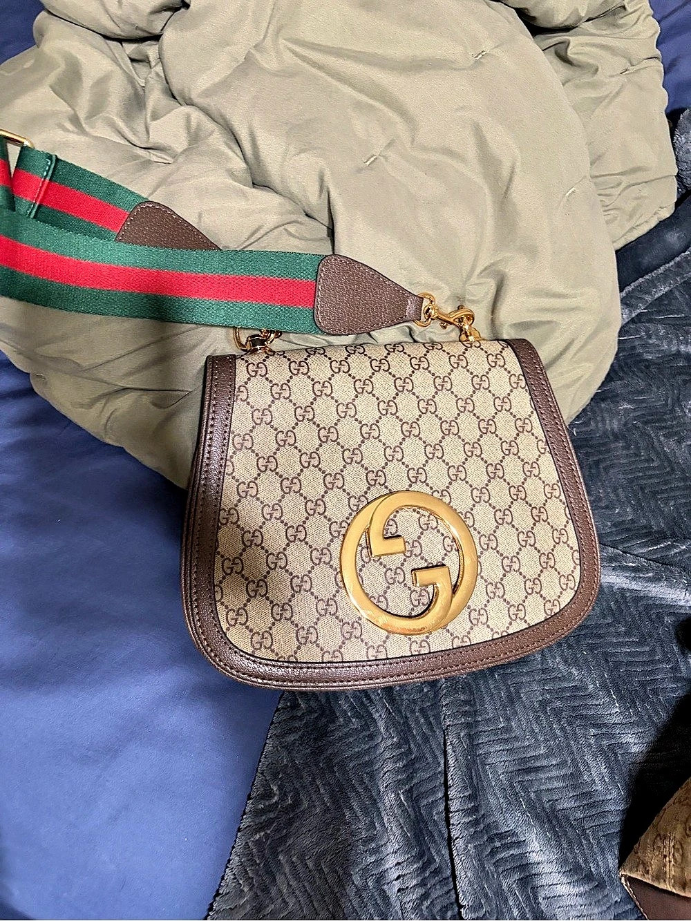 Gucci Blondie GG Supreme Canvas Small Shoulder Bag Brown & Green Crossbody Bag